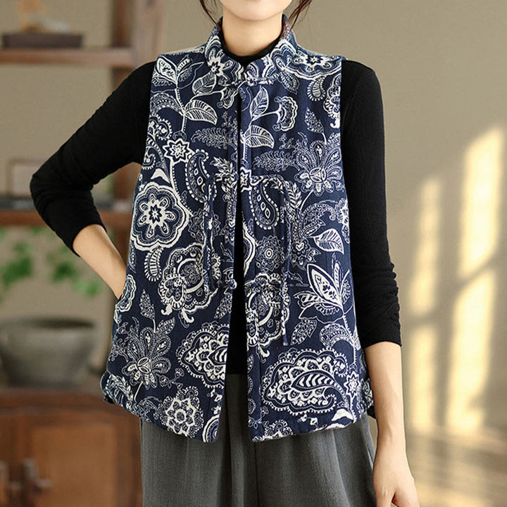 Gilet sans manches en coton avec poches pour femme, motif végétal Buddha Stones, boutons grenouille - image 2