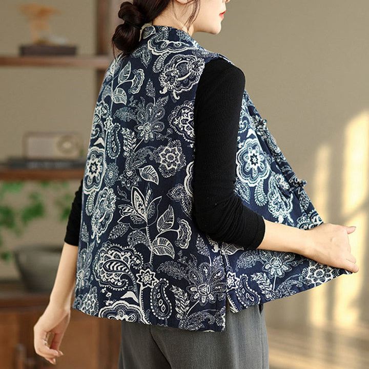 Gilet sans manches en coton avec poches pour femme, motif végétal Buddha Stones, boutons grenouille - image 4