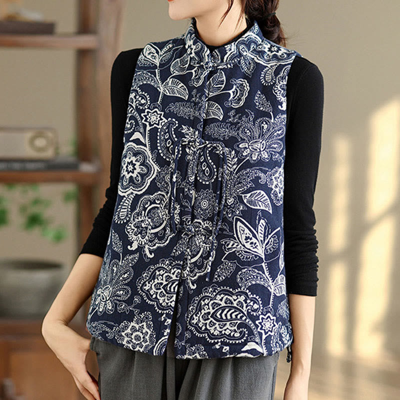 Gilet sans manches en coton avec poches pour femme, motif végétal Buddha Stones, boutons grenouille - image 5