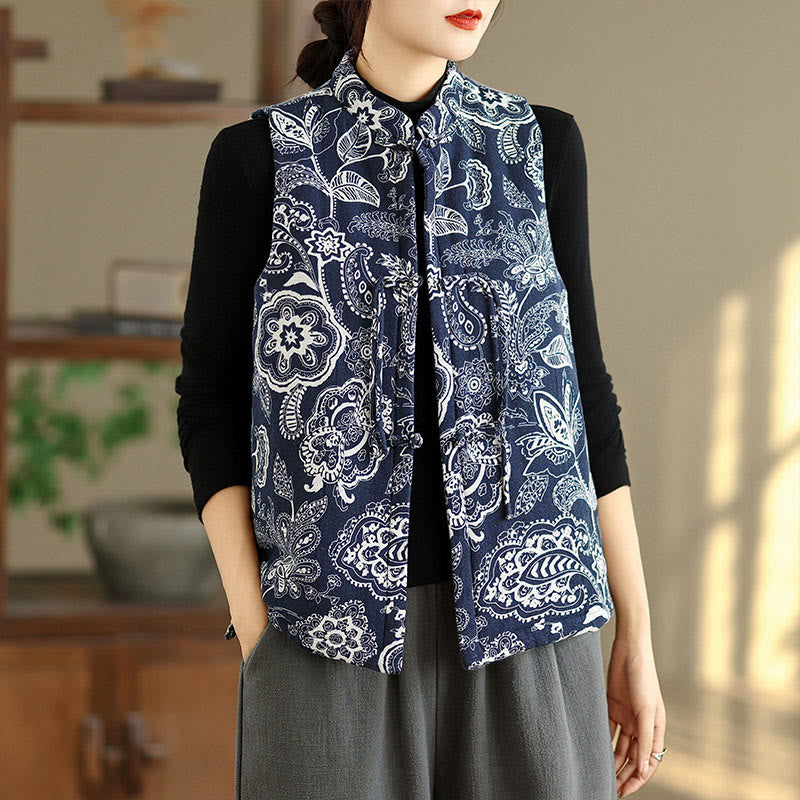 Gilet sans manches en coton avec poches pour femme, motif végétal Buddha Stones, boutons grenouille - Bleu nuit - US8-10，UK/AU12-14，EU40-42 (2XL) - image 0