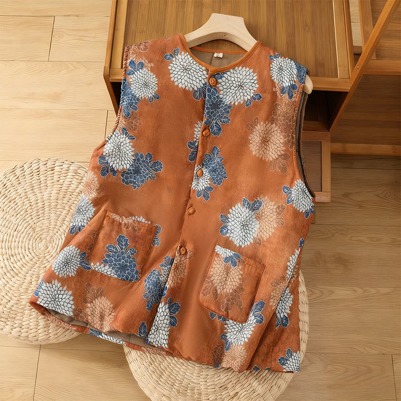 Gilet sans manches en coton avec poches pour femme, imprimé floral, boutons et Buddha Stones - Chocolat - US4, UK/AU8, EU36 (F) - image 0