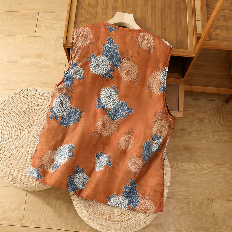 Gilet sans manches en coton avec poches pour femme, imprimé floral, boutons et Buddha Stones - image 1