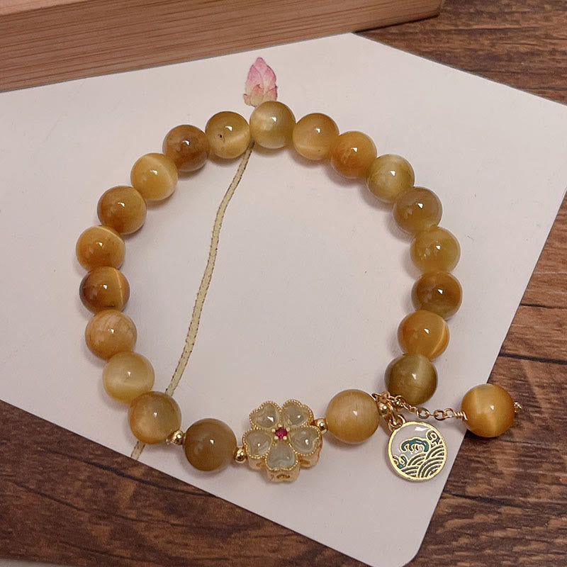 Bracelet courage en forme de clochette et œil de tigre doré naturel Buddha Stones - Œil de tigre et fleur verte (circonférence du poignet : 14-16 cm) - image 6