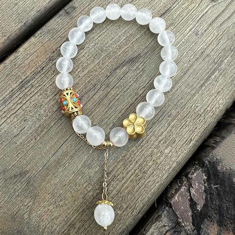 Bracelet de positivité en pierre d'agate blanche tibétaine avec fleurs en cristal - image 1