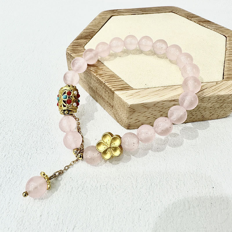 Bracelet de positivité en pierre d'agate blanche tibétaine avec fleurs en cristal - Cristal rose (tour de poignet : 14-16 cm) - image 6