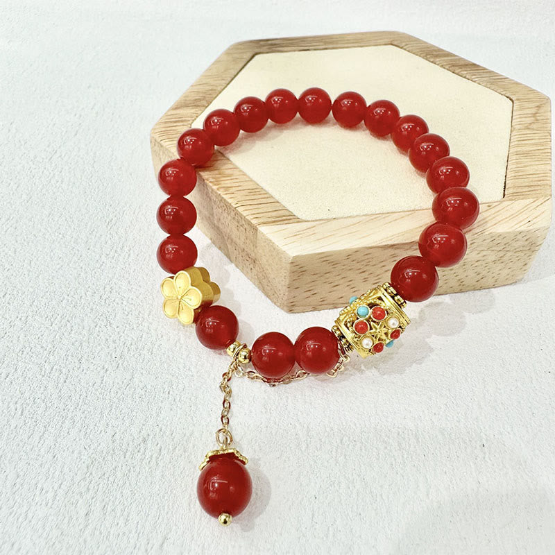 Bracelet de positivité en pierre d'agate blanche tibétaine avec fleurs en cristal - Agate rouge (tour de poignet : 14-16 cm) - image 3