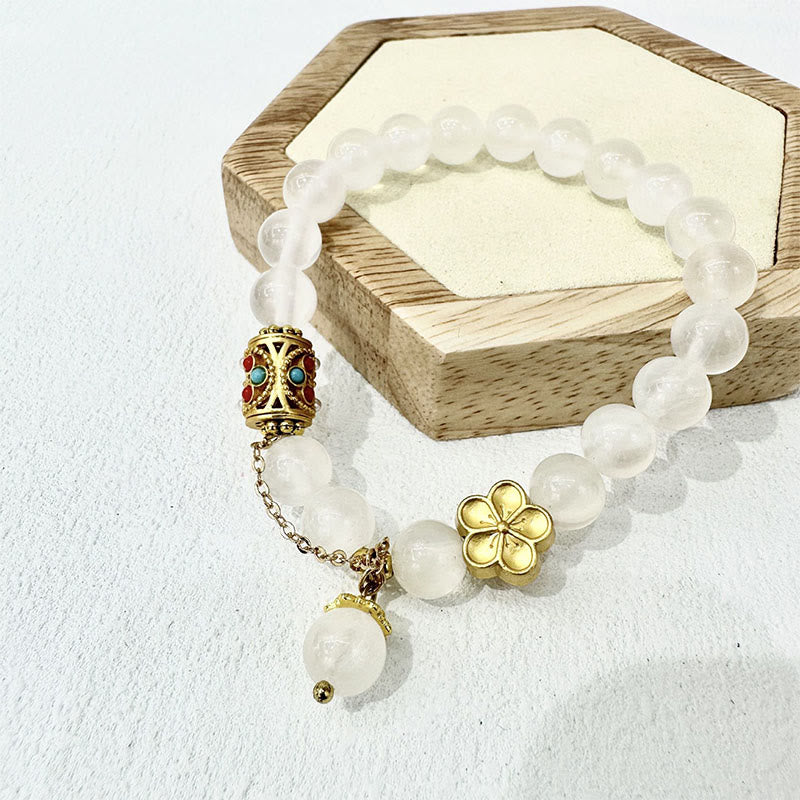 Bracelet de positivité en pierre d'agate blanche tibétaine avec fleurs en cristal - Agate blanche (tour de poignet : 14-16 cm) - image 0