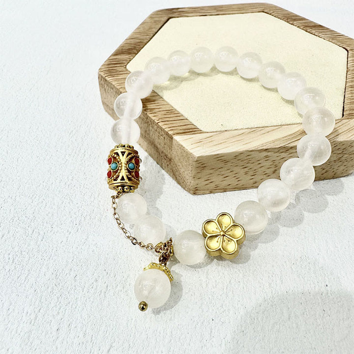 Bracelet de positivité en pierre d'agate blanche tibétaine avec fleurs en cristal - Agate blanche (tour de poignet : 14-16 cm) - image 0