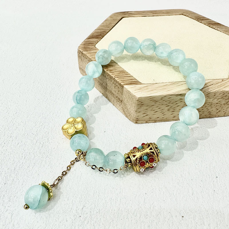 Bracelet de positivité en pierre d'agate blanche tibétaine avec fleurs en cristal - Cristal bleu (tour de poignet : 14-16 cm) - image 9
