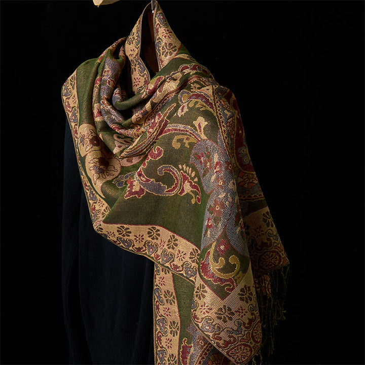 Écharpe confortable à pompons avec motif géométrique circulaire et fleurs de cajou de printemps et Buddha Stones - Olive - 176*70cm - image 0