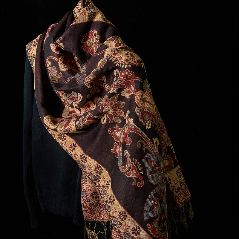 Écharpe confortable à pompons avec motif géométrique circulaire et fleurs de cajou de printemps et Buddha Stones - SaddleBrown - 176*70cm - image 5