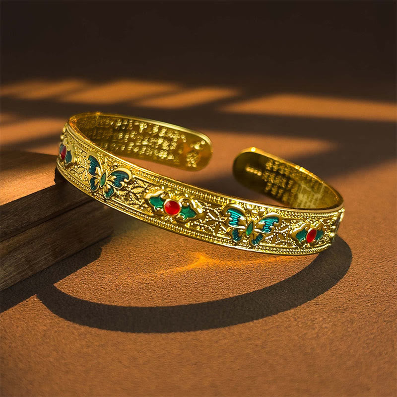 Bracelet jonc ajustable ouvert en cuivre émaillé avec Buddha Stones et papillon Sutra du cœur - Doré - image 7