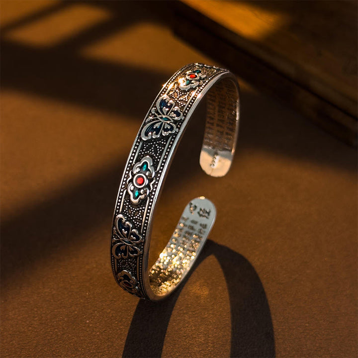 Bracelet jonc ajustable ouvert en cuivre émaillé avec Buddha Stones et papillon Sutra du cœur - Ancien - image 0