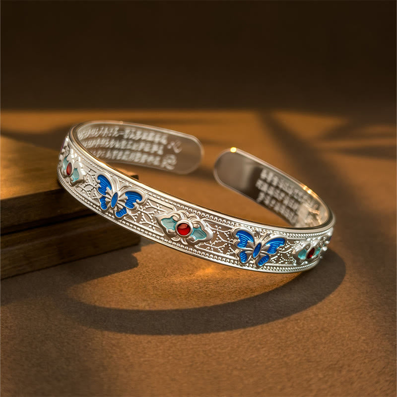 Bracelet jonc ajustable ouvert en cuivre émaillé avec Buddha Stones et papillon Sutra du cœur - Argenté - image 6