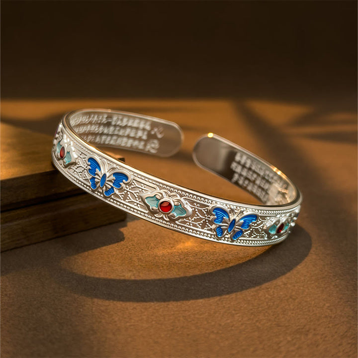 Bracelet jonc ajustable ouvert en cuivre émaillé avec Buddha Stones et papillon Sutra du cœur - Argenté - image 6