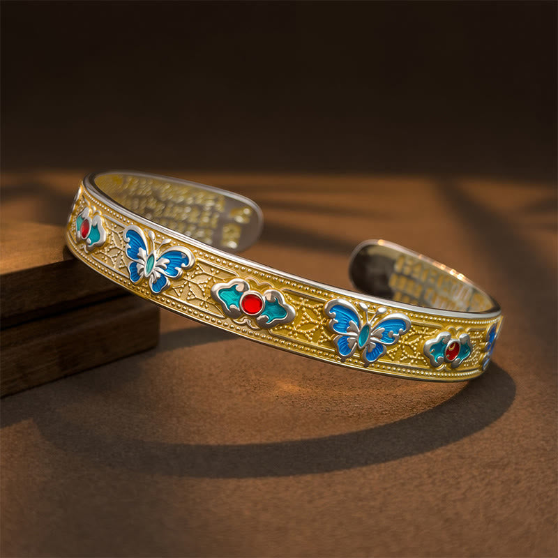 Bracelet jonc ajustable ouvert en cuivre émaillé avec Buddha Stones et papillon Sutra du cœur - Bordure dorée et argentée - image 8