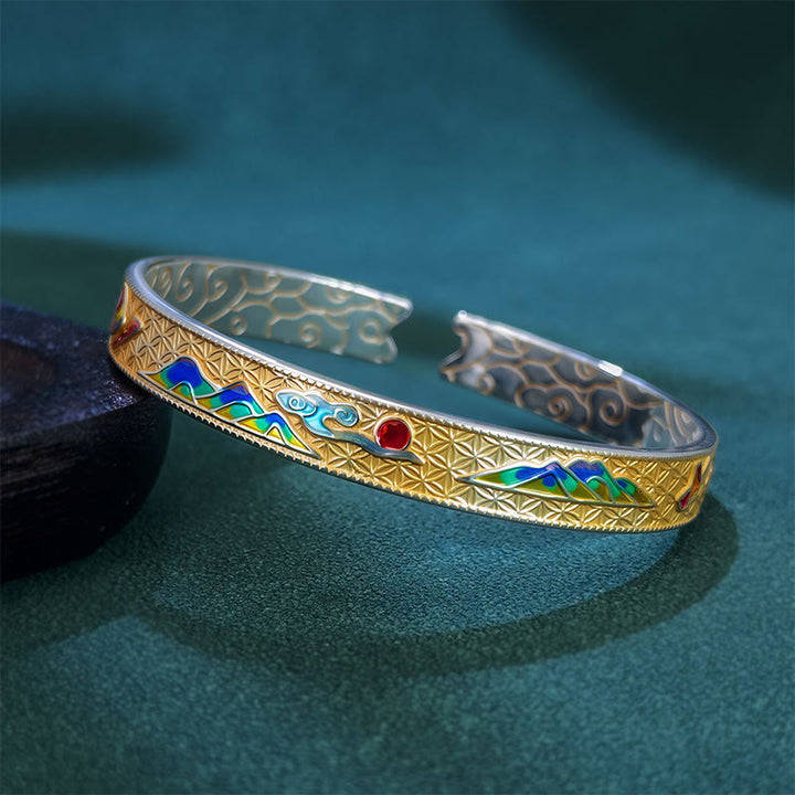 Bracelet jonc ouvert réglable en cuivre émaillé avec Buddha Stones et motif papillon et soleil - Doré - image 7
