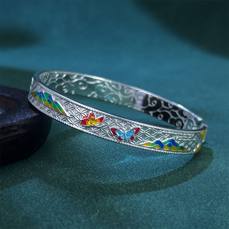 Bracelet jonc ouvert réglable en cuivre émaillé avec Buddha Stones et motif papillon et soleil - image 2