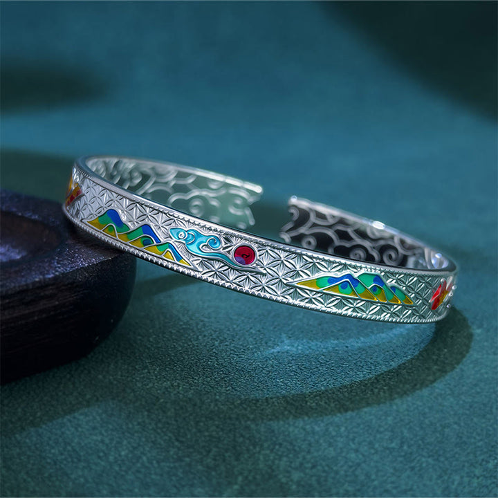 Bracelet jonc ouvert réglable en cuivre émaillé avec Buddha Stones et motif papillon et soleil - Argenté - image 5