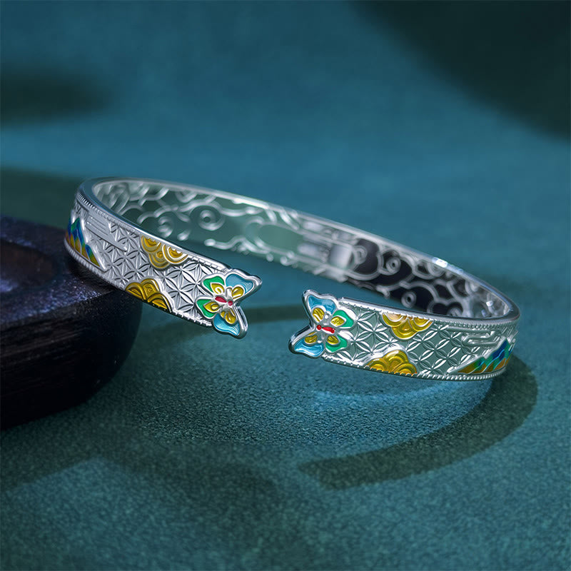 Bracelet jonc ouvert réglable en cuivre émaillé avec Buddha Stones et motif papillon et soleil - image 1