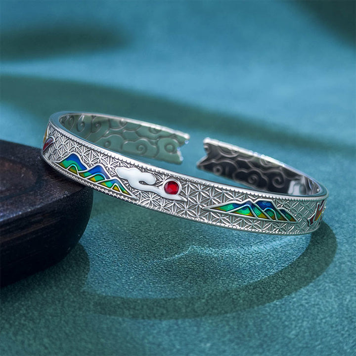 Bracelet jonc ouvert réglable en cuivre émaillé avec Buddha Stones et motif papillon et soleil - Ancien - image 0