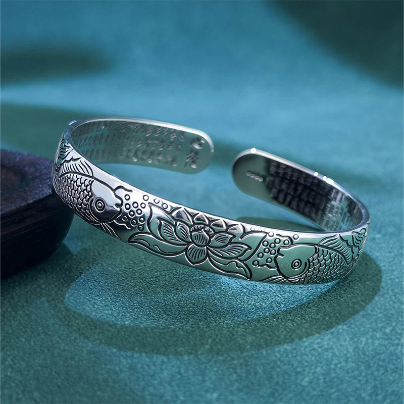 Bracelet jonc ouvert et réglable en cuivre Buddha Stones et Sutra du cœur, poisson koï, lotus - Poissons Koi et Lotus - image 0