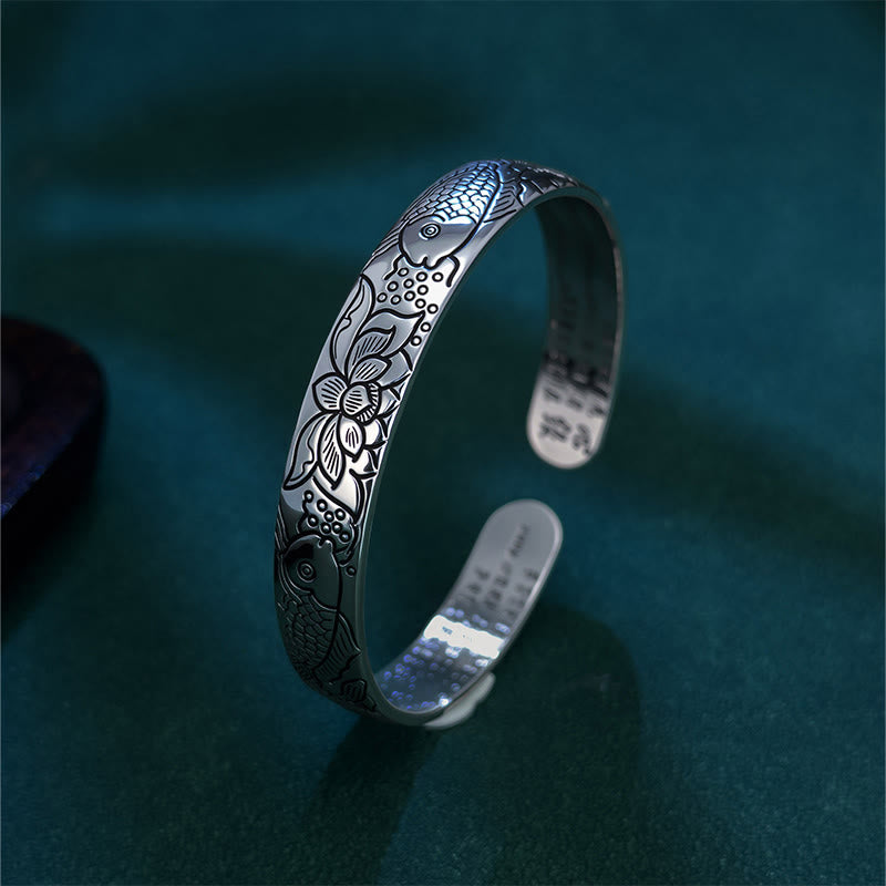 Bracelet jonc ouvert et réglable en cuivre Buddha Stones et Sutra du cœur, poisson koï, lotus - image 1