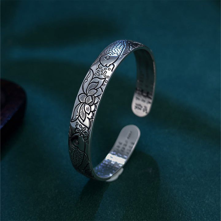 Bracelet jonc ouvert et réglable en cuivre Buddha Stones et Sutra du cœur, poisson koï, lotus - image 1