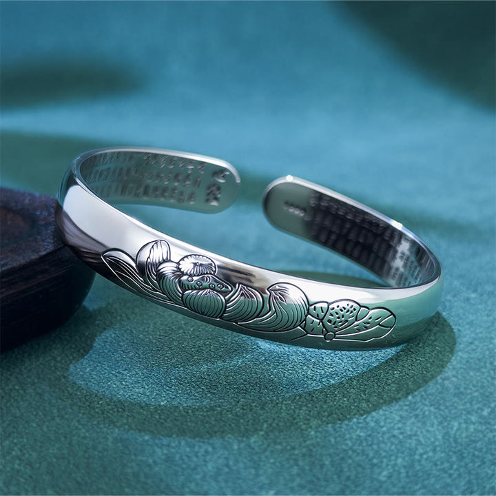 Bracelet jonc ouvert réglable en cuivre Buddha Stones et Sutra du cœur et du lotus - Lotus - image 0