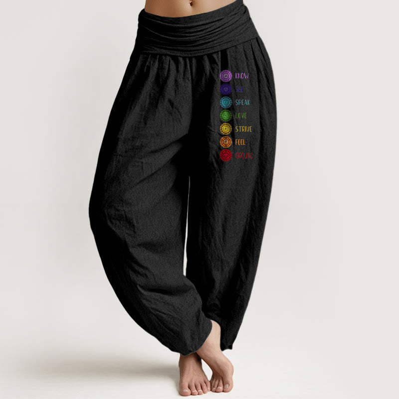 Pantalon sarouel en pur coton à taille élastique pour femme, imprimé Buddha Stones Seven Chakras - Noir - US22，UK/AU26，EU54 (6XL) - image 0