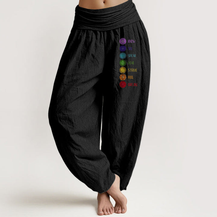Pantalon sarouel en pur coton à taille élastique pour femme, imprimé Buddha Stones Seven Chakras - Noir - US22，UK/AU26，EU54 (6XL) - image 0