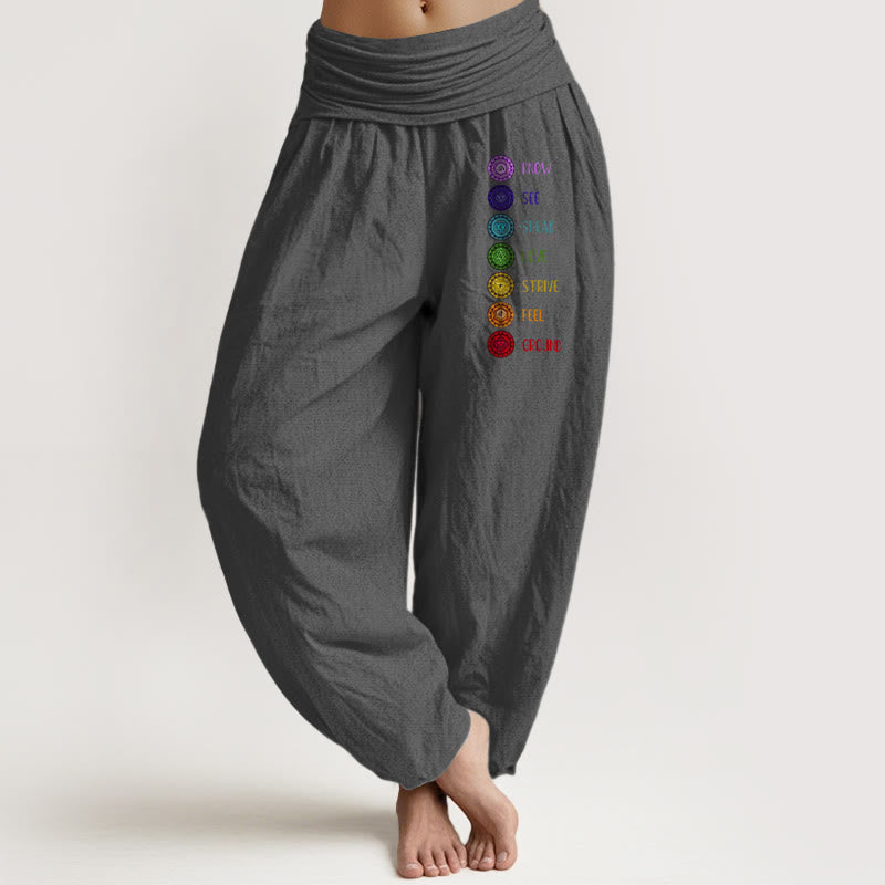Pantalon sarouel en pur coton à taille élastique pour femme, imprimé Buddha Stones Seven Chakras - Gris - US22，UK/AU26，EU54 (6XL) - image 8