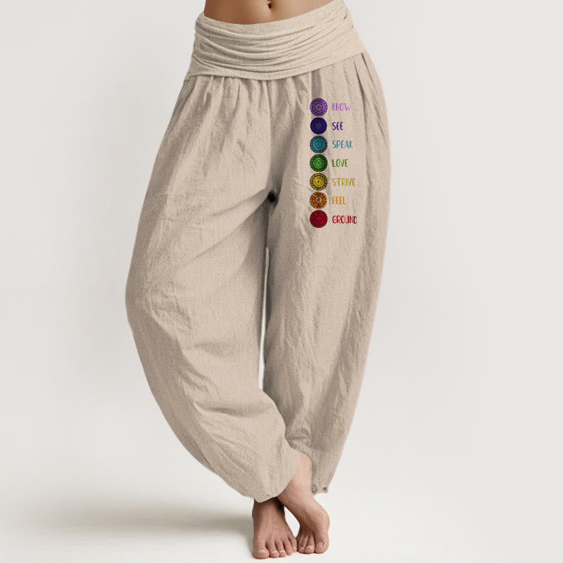 Pantalon sarouel en pur coton à taille élastique pour femme, imprimé Buddha Stones Seven Chakras - Tanné - US22，UK/AU26，EU54 (6XL) - image 11