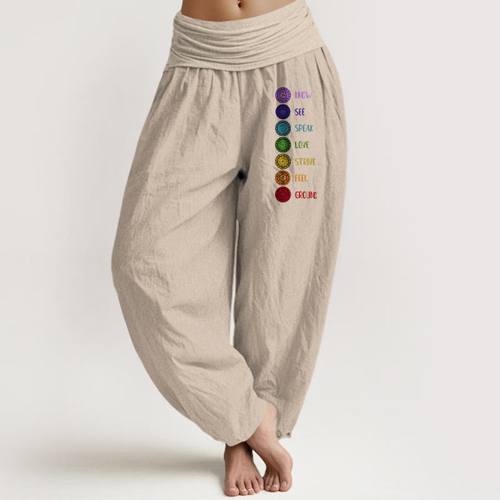 Pantalon sarouel en pur coton à taille élastique pour femme, imprimé Buddha Stones Seven Chakras - Tanné - US22，UK/AU26，EU54 (6XL) - image 11