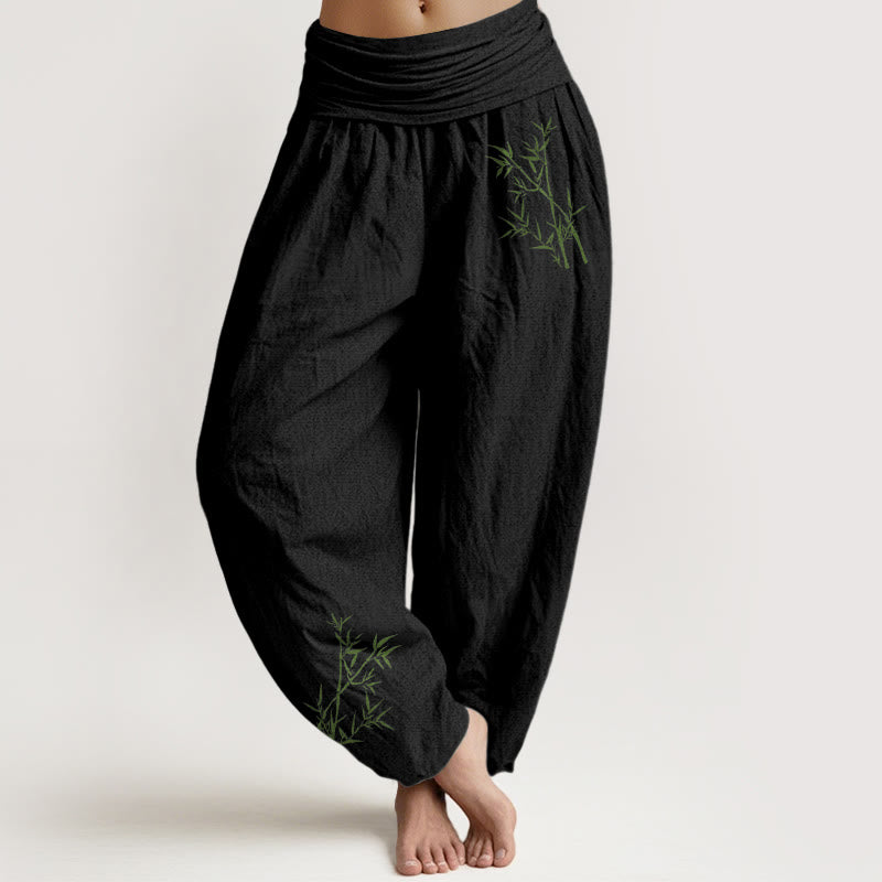 Pantalon sarouel en pur coton à taille élastique pour femme, imprimé bambou vert et Buddha Stones - Noir - US22，UK/AU26，EU54 (6XL) - image 0