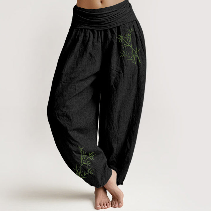 Pantalon sarouel en pur coton à taille élastique pour femme, imprimé bambou vert et Buddha Stones - Noir - US22，UK/AU26，EU54 (6XL) - image 0