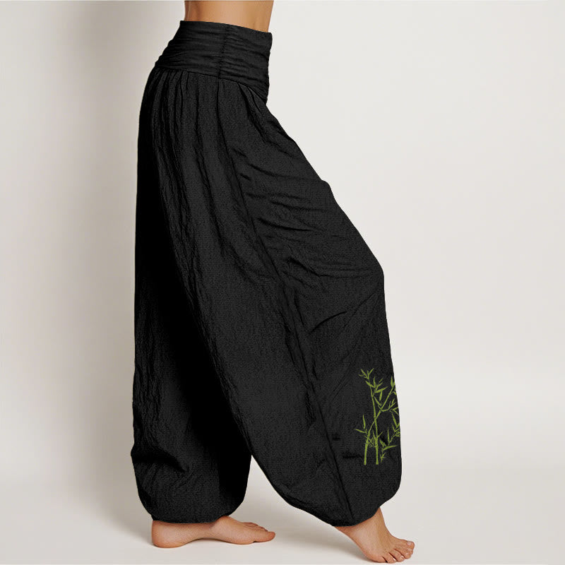 Pantalon sarouel en pur coton à taille élastique pour femme, imprimé bambou vert et Buddha Stones - image 1