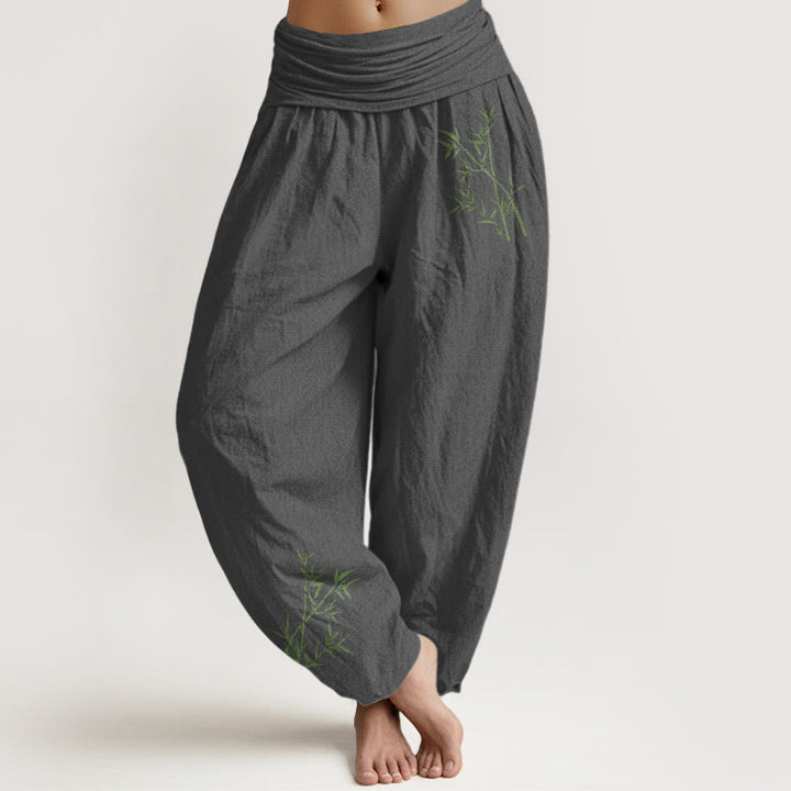 Pantalon sarouel en pur coton à taille élastique pour femme, imprimé bambou vert et Buddha Stones - Gris - US22，UK/AU26，EU54 (6XL) - image 8