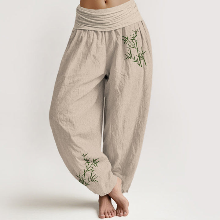 Pantalon sarouel en pur coton à taille élastique pour femme, imprimé bambou vert et Buddha Stones - Tanné - US22，UK/AU26，EU54 (6XL) - image 11