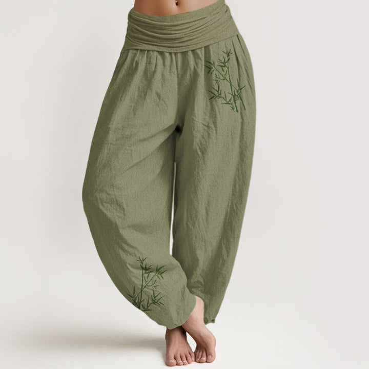 Pantalon sarouel en pur coton à taille élastique pour femme, imprimé bambou vert et Buddha Stones - Vert olive - US22，UK/AU26，EU54 (6XL) - image 14