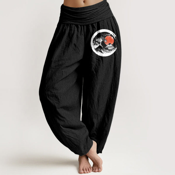 Pantalon sarouel en pur coton pour femme, taille élastique, motif Buddha Stones, vagues, soleil et montagnes - Noir - US22，UK/AU26，EU54 (6XL) - image 0