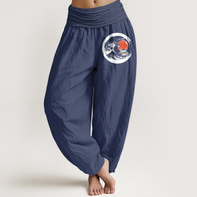 Pantalon sarouel en pur coton pour femme, taille élastique, motif Buddha Stones, vagues, soleil et montagnes - Bleu ardoise foncé - US22，UK/AU26，EU54 (6XL) - image 5