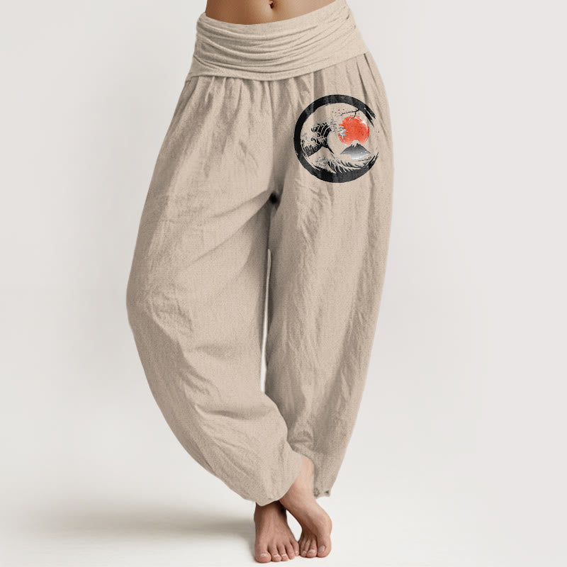 Pantalon sarouel en pur coton pour femme, taille élastique, motif Buddha Stones, vagues, soleil et montagnes - Tanné - US22，UK/AU26，EU54 (6XL) - image 11