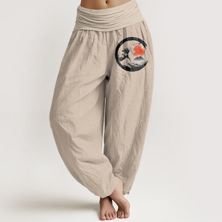 Pantalon sarouel en pur coton pour femme, taille élastique, motif Buddha Stones, vagues, soleil et montagnes - Tanné - US22，UK/AU26，EU54 (6XL) - image 11