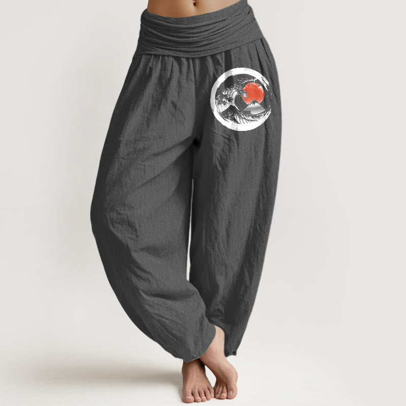 Pantalon sarouel en pur coton pour femme, taille élastique, motif Buddha Stones, vagues, soleil et montagnes - Gris - US22，UK/AU26，EU54 (6XL) - image 8
