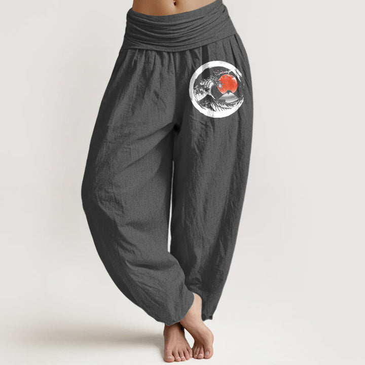 Pantalon sarouel en pur coton pour femme, taille élastique, motif Buddha Stones, vagues, soleil et montagnes - Gris - US22，UK/AU26，EU54 (6XL) - image 8
