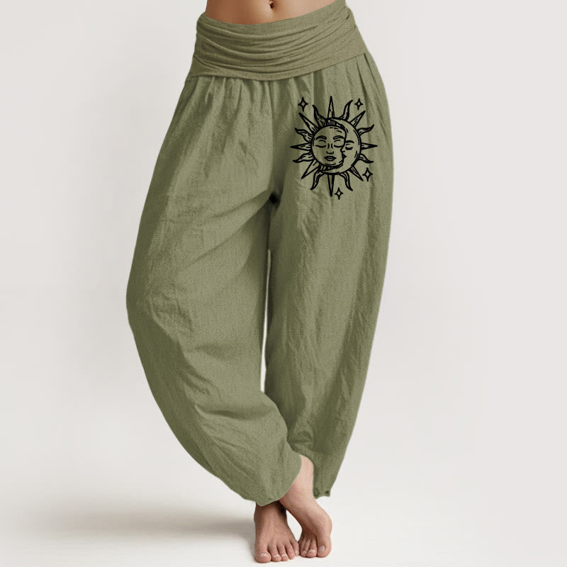 Pantalon sarouel en pur coton à taille élastique pour femme, motif Buddha Stones, soleil et lune - Vert olive - US22，UK/AU26，EU54 (6XL) - image 14