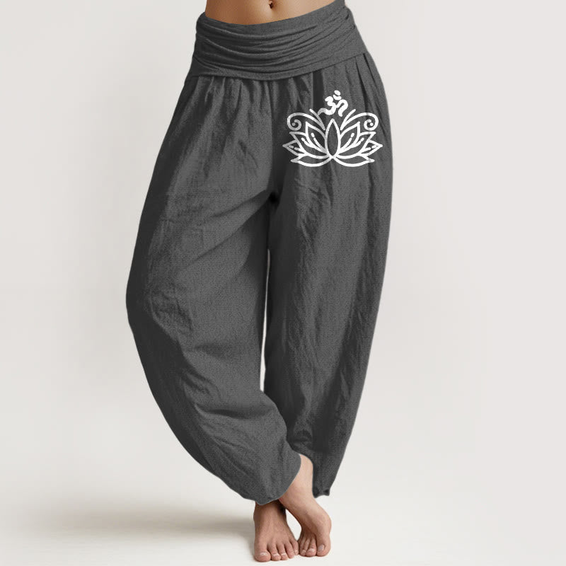 Pantalon sarouel en pur coton pour femme, taille élastique, motif symbole Om , Buddha Stones, fleur de lotus - Gris - US22，UK/AU26，EU54 (6XL) - image 8