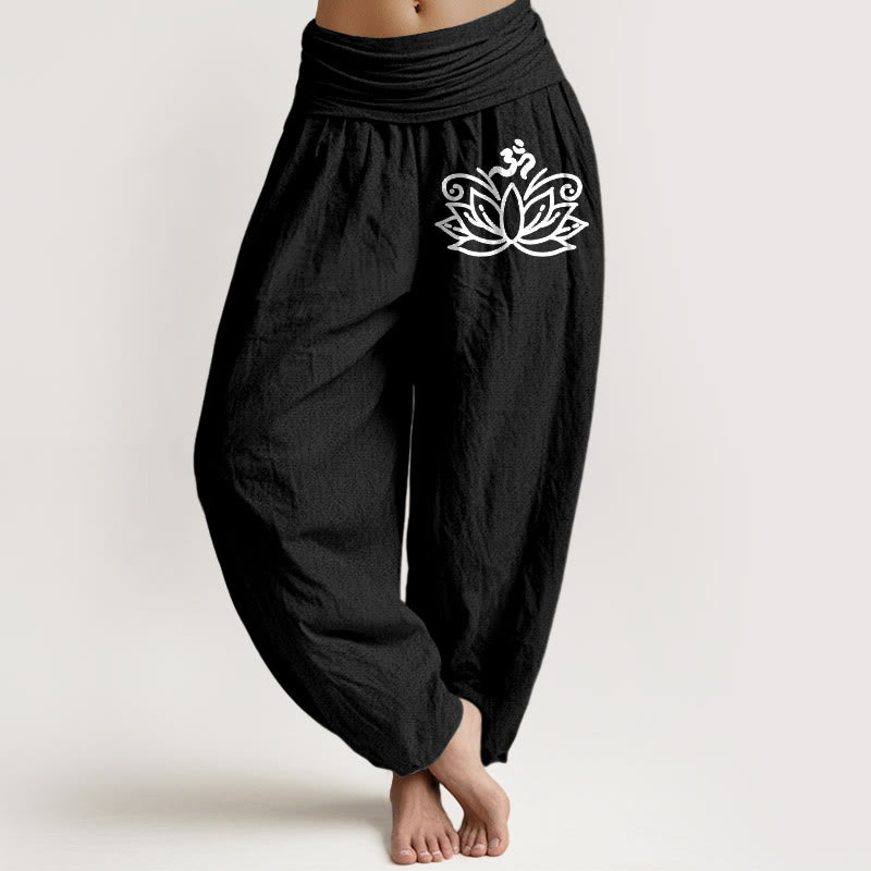 Pantalon sarouel en pur coton pour femme, taille élastique, motif symbole Om , Buddha Stones, fleur de lotus - Noir - US22，UK/AU26，EU54 (6XL) - image 0