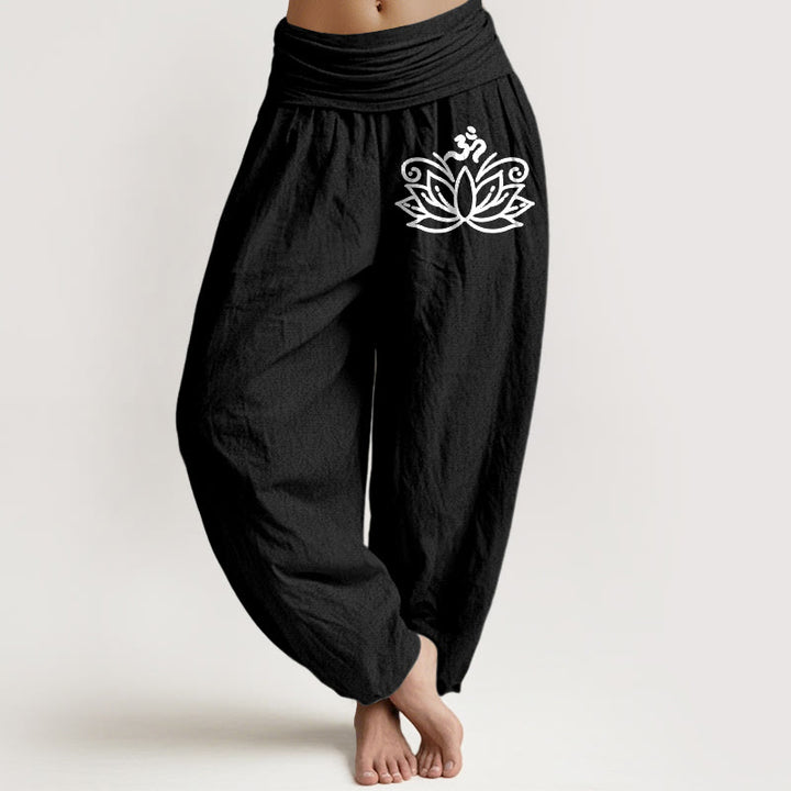 Pantalon sarouel en pur coton pour femme, taille élastique, motif symbole Om , Buddha Stones, fleur de lotus - Noir - US22，UK/AU26，EU54 (6XL) - image 0